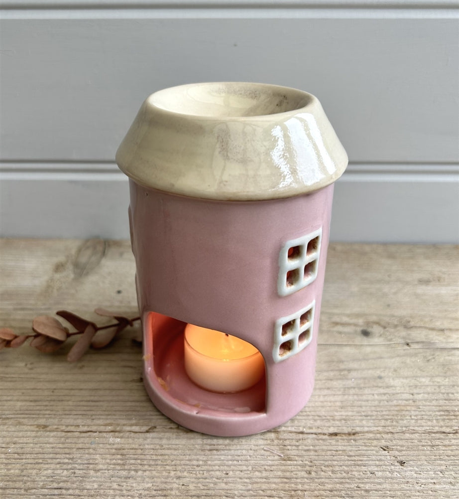 Village Pottery Round Pink House Ceramic Tea light Holder and Warmer for Wax Melts and Oil
